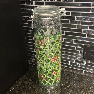 🐝 Vintage Tall Glass Canister with Green Lattice & Red Berry Motif